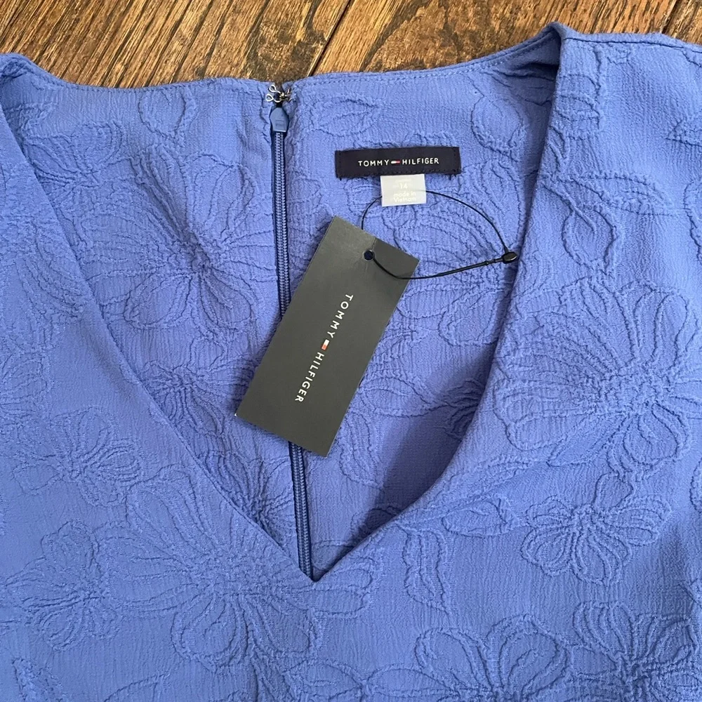 NWT Tommy Hilfiger Blue Dress with Floral jacquard embroidered puff sleeves - Picture 6 of 11